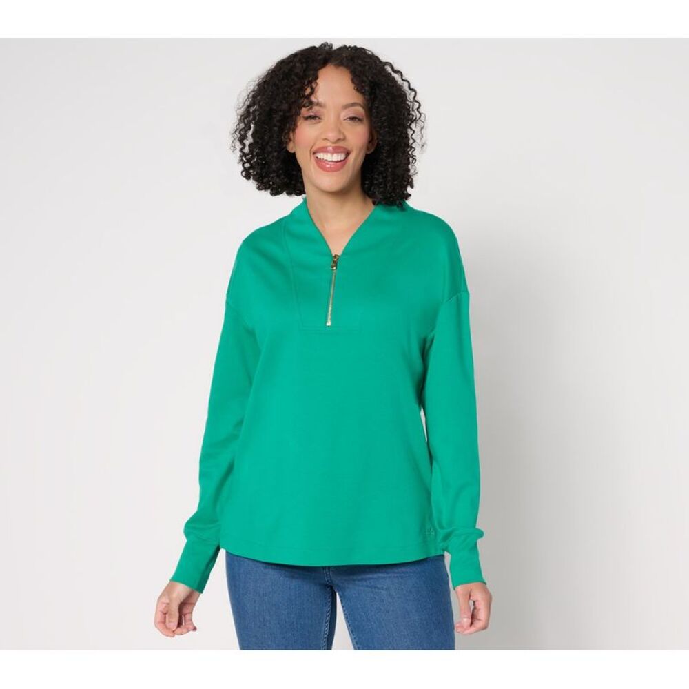 SUNNYLiFE Women's Top Plus Sz 4X Essentials Pima Cotton Quarter Zip Green